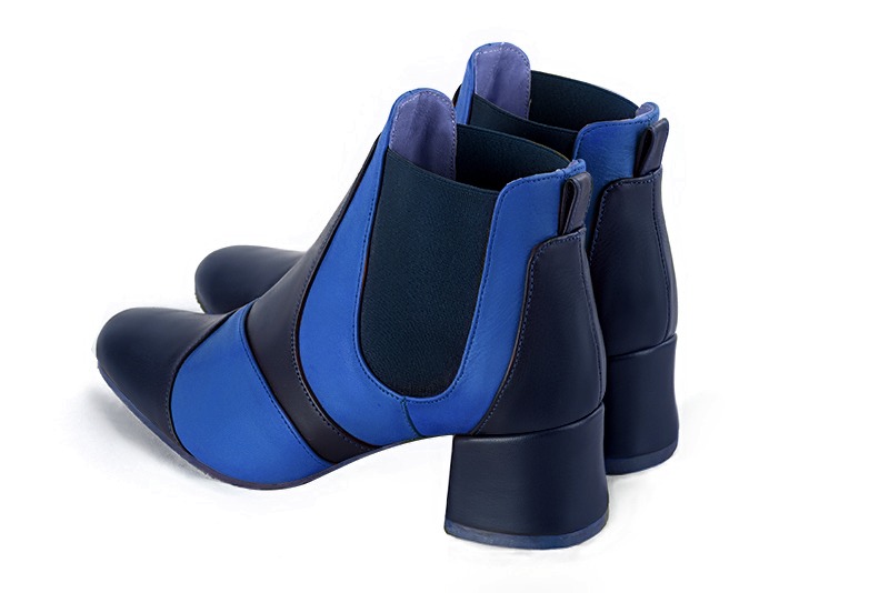 Navy blue women's ankle boots, with elastics. Round toe. Low flare heels. Rear view - Florence KOOIJMAN